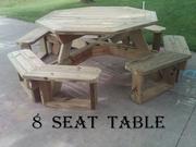 8 seat,  6 seat,  4 seat treated wood picnic tables